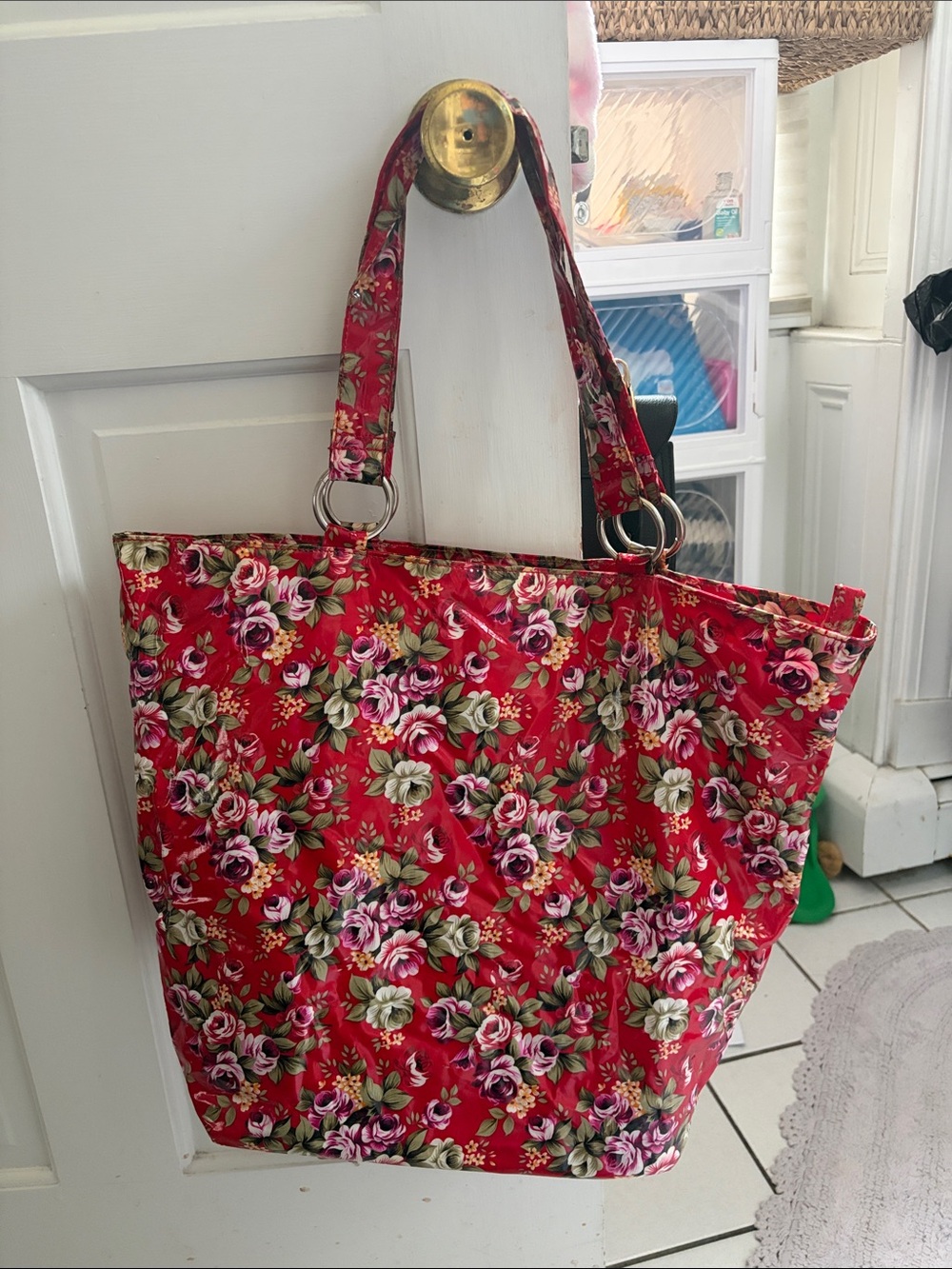 Charming Charlie Red Floral Tote with Rose Pattern oil cloth